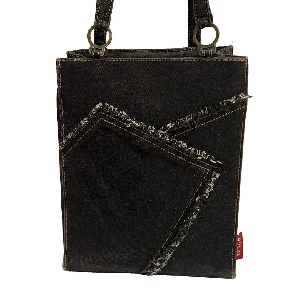 Guess Vtg Y2K Grunge Frayed Black Denim Shoulder Bag 2 Main Sections 2 Pockets